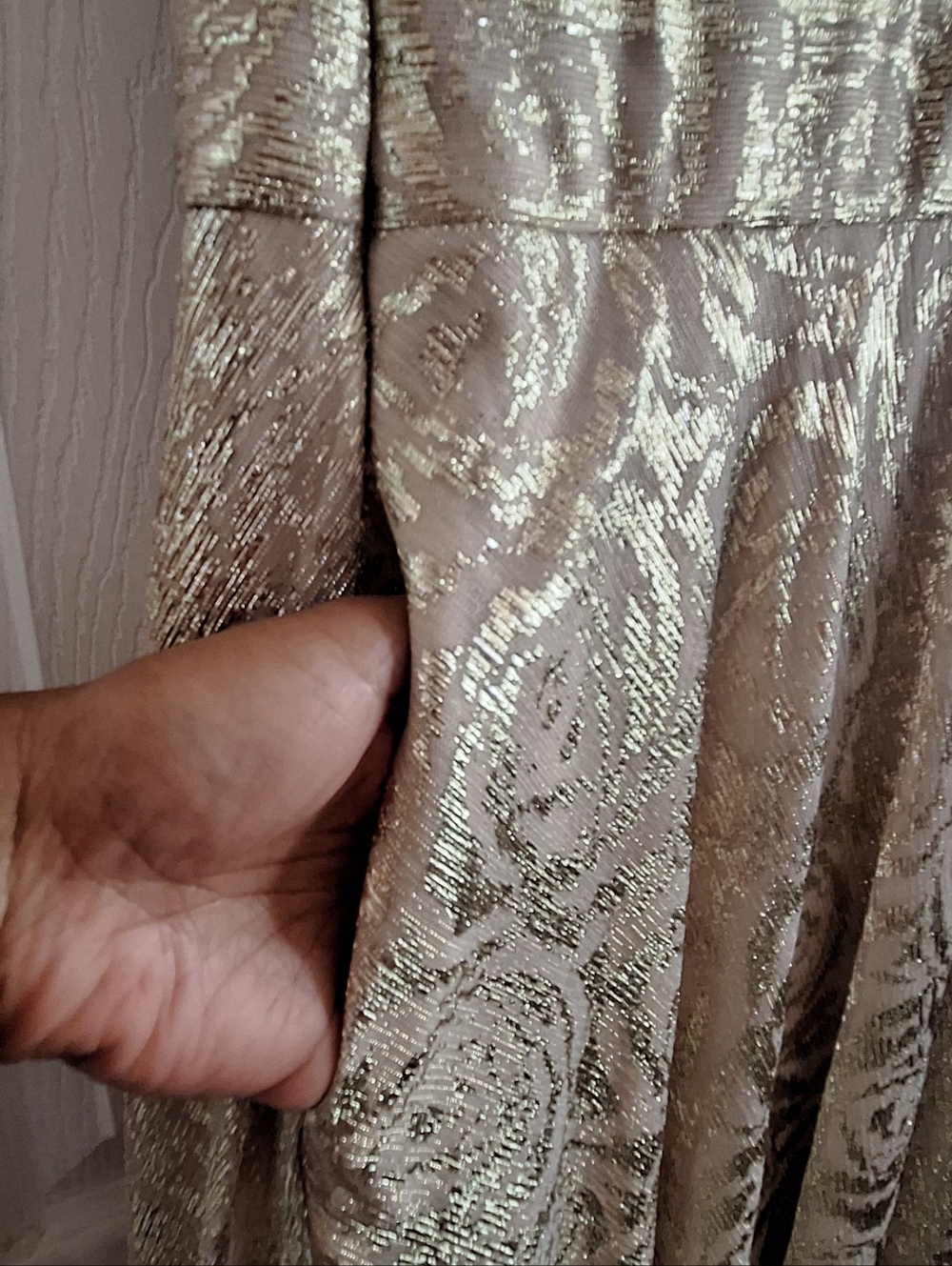 One-Shoulder Cream Brocade Evening Gown - Picture 6 of 10